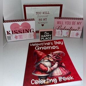 Bundle lot of (4) Valentine Decor Signs Hearts + Gnome coloring book